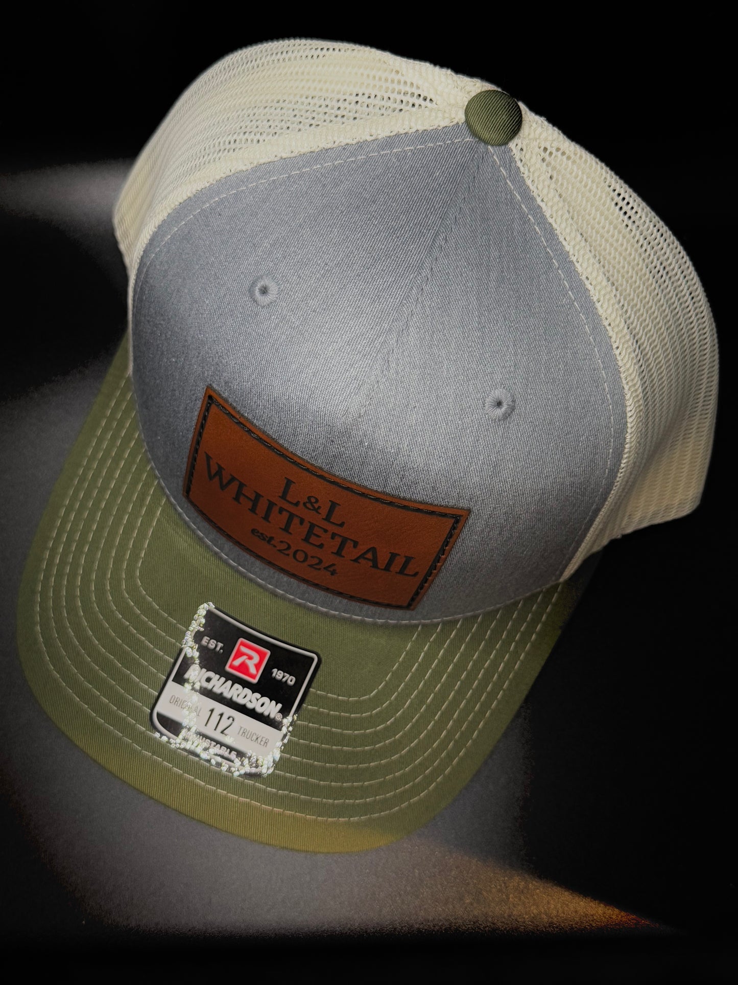 L&L Whitetail Leather Patch Hat - Richardson 112FP (Green/Gray/Khaki)