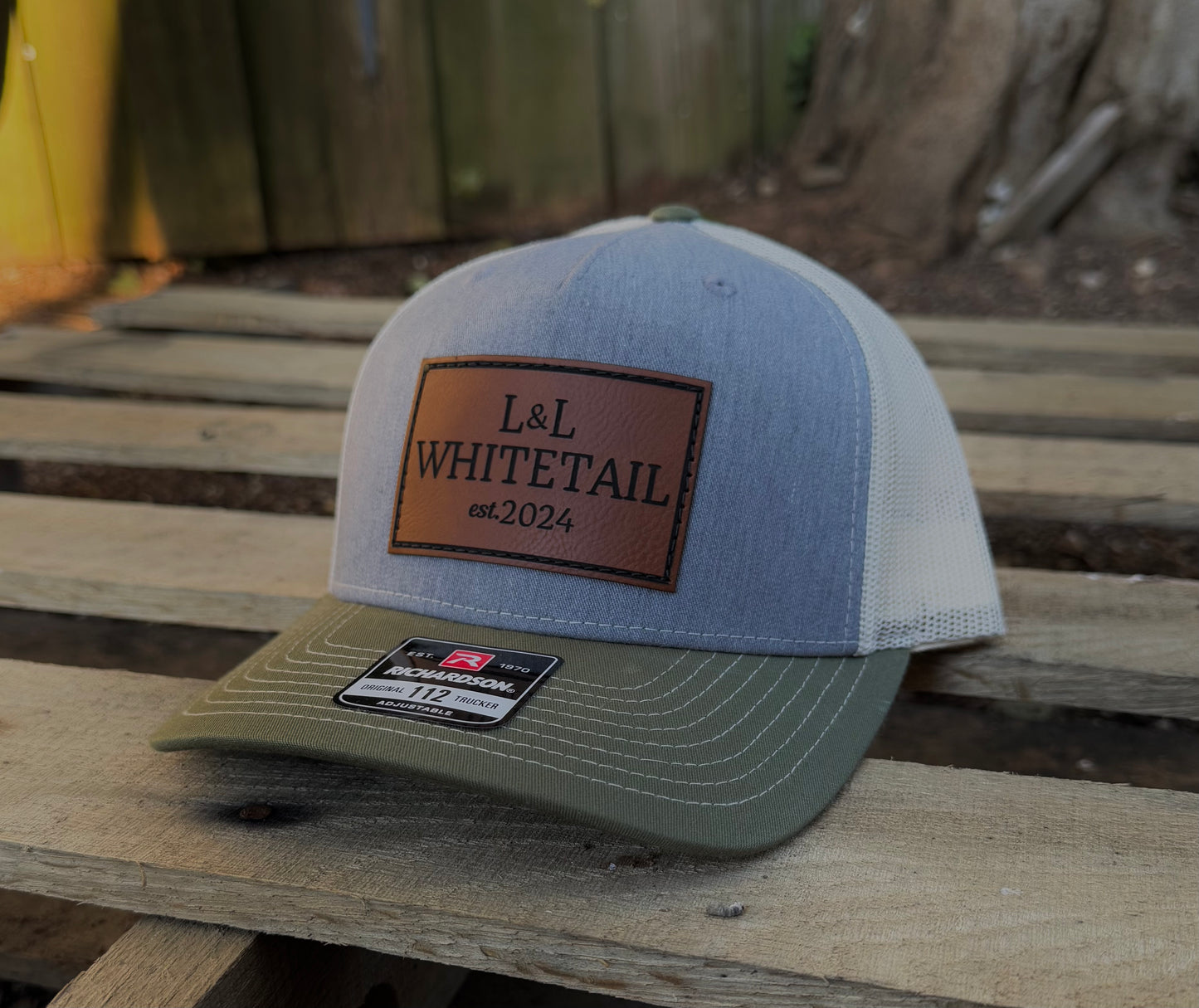 L&L Whitetail Leather Patch Hat - Richardson 112FP (Green/Gray/Khaki)